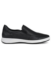 Black slip-on casual shoe with textured leather upper, elastic side panels, and white rubber sole.