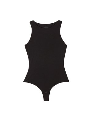 Body negro con cuello redondo, diseño sin mangas, ajuste ceñido y cierre de broches en la parte inferior. Tela suave con textura lisa.
