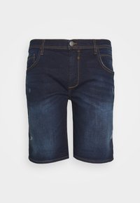 Pantalones cortos de denim en azul oscuro con detalles desgastados, que cuentan con cinco bolsillos, un cierre de botón y costuras amarillas en contraste.