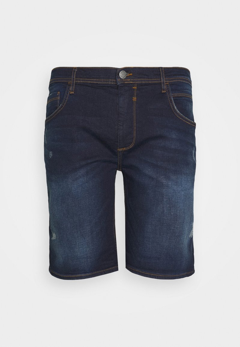Pantalones cortos de denim en azul oscuro con detalles desgastados, que cuentan con cinco bolsillos, un cierre de botón y costuras amarillas en contraste.