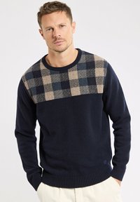 Homme avec les cheveux courts portant un pull bleu marine avec un motif à carreaux beige et bleu foncé sur la poitrine, se tenant devant un fond uni.