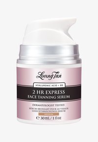 Siero abbronzante per il viso in un contenitore trasparente da 30 mL con un tappo a pompa bianco. L'etichetta presenta un design rosa e nero, con la dicitura "2 HR EXPRESS" e "ACIDO IALURONICO + B5."