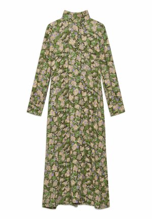 Robe longue à manches longues en tissu vert, avec un col montant, des boutons à l'avant, et un motif de fleurs claires avec des accents violets.