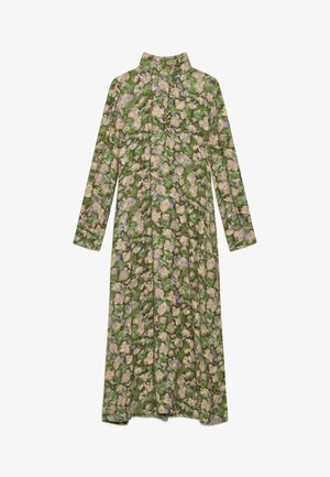 Abito lungo a maniche lunghe in tessuto verde, con collo alto, bottoni frontali e motivo floreale chiaro con accenti viola.