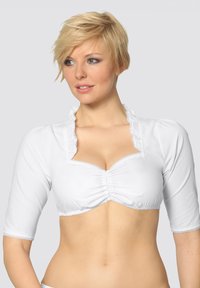 White cropped top with short sleeves. Features a gathered design at the bust and ruffled lace trim along the neckline and sleeves.