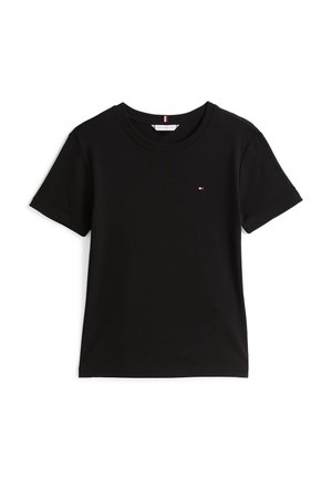 T-shirt di cotone nero con maniche corte, scollatura a girocollo e un piccolo logo ricamato in rosso, bianco e blu sul lato sinistro del petto.
