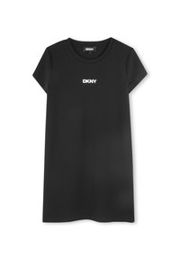 Robe t-shirt noire DKNY à manches courtes, col rond et logo blanc imprimé sur la poitrine. Tissu lisse et coupe décontractée.