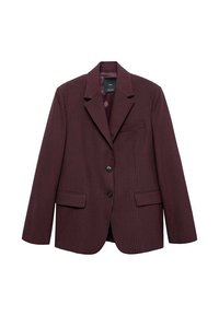 Blazer en velours côtelé bordeaux foncé avec revers crantés, deux poches avant à rabat, une poche poitrine et deux boutons noirs sur le devant.