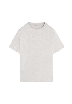 Tricou scurt cu mânecă, gri deschis, cu guler rotund, având o textură subtilă, expus pe un fundal alb.