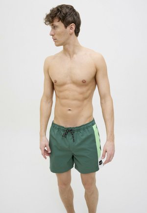 Shorts de bain verts avec un cordon de serrage, présentant un panneau latéral en vert vif, texture lisse et coupe standard.