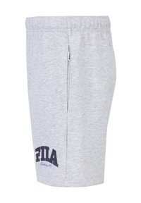 Pantalones cortos de algodón grises con cinturilla elástica, un zipper lateral y un logo de "Fila" en azul marino con el texto "Establecido en 1911" en la pierna.