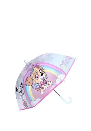 Ombrello per bambini con i personaggi di Paw Patrol, bordo rosa, sfondo arcobaleno e manico bianco curvo.