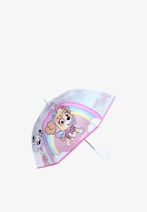 Ombrello per bambini con i personaggi di Paw Patrol, bordo rosa, sfondo arcobaleno e manico bianco curvo.