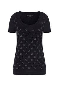 Czarna bawełniana koszulka z krótkim rękawem i okrągłym dekoltem, z powtarzającym się wzorem srebrnych ozdób w formie logo.