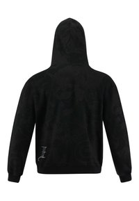 Black hooded sweatshirt with a textured, dark pattern across the back. Features long sleeves and a small silver logo at the hem.