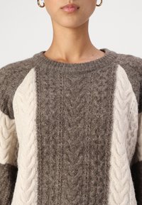 Maglione a maglia in marrone e crema, con un motivo a trecce. Collo rotondo e tessuto strutturato con blocchi di colore a contrasto.