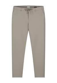 Pantaloni bej, cu talie elastică și șnur. Include buzunare laterale și un design cu picior conic. Textură netedă, ajustați la o înălțime medie.