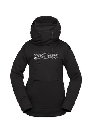 Zwarte hoodie met een hoge kraag, details in de vorm van een trekkoord en een voorzak. Kenmerkt zich door "VOLCOM SNOW" in witte letters op de borst.