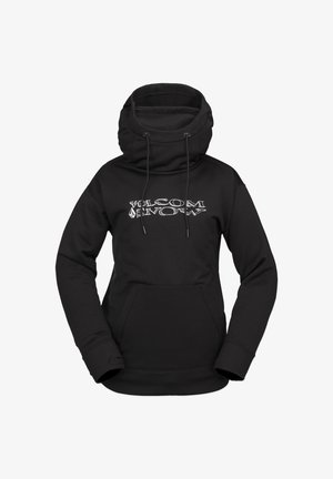 Black hoodie with a high collar, drawstring details, and a front pocket. Features "VOLCOM SNOW" in white lettering on the chest.
