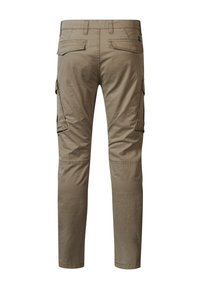 Beige Cargohosen, Rückansicht, mit zwei Klappentaschen auf der Rückseite und zwei seitlichen Cargotaschen.