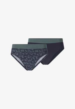 Paket mit zwei Paar Damenunterhosen. Ein Paar hat einen dunklen Grund mit einem geometrischen Muster; das andere ist einfarbig in dunklem Marineblau. Beide haben grüne Bündchen.