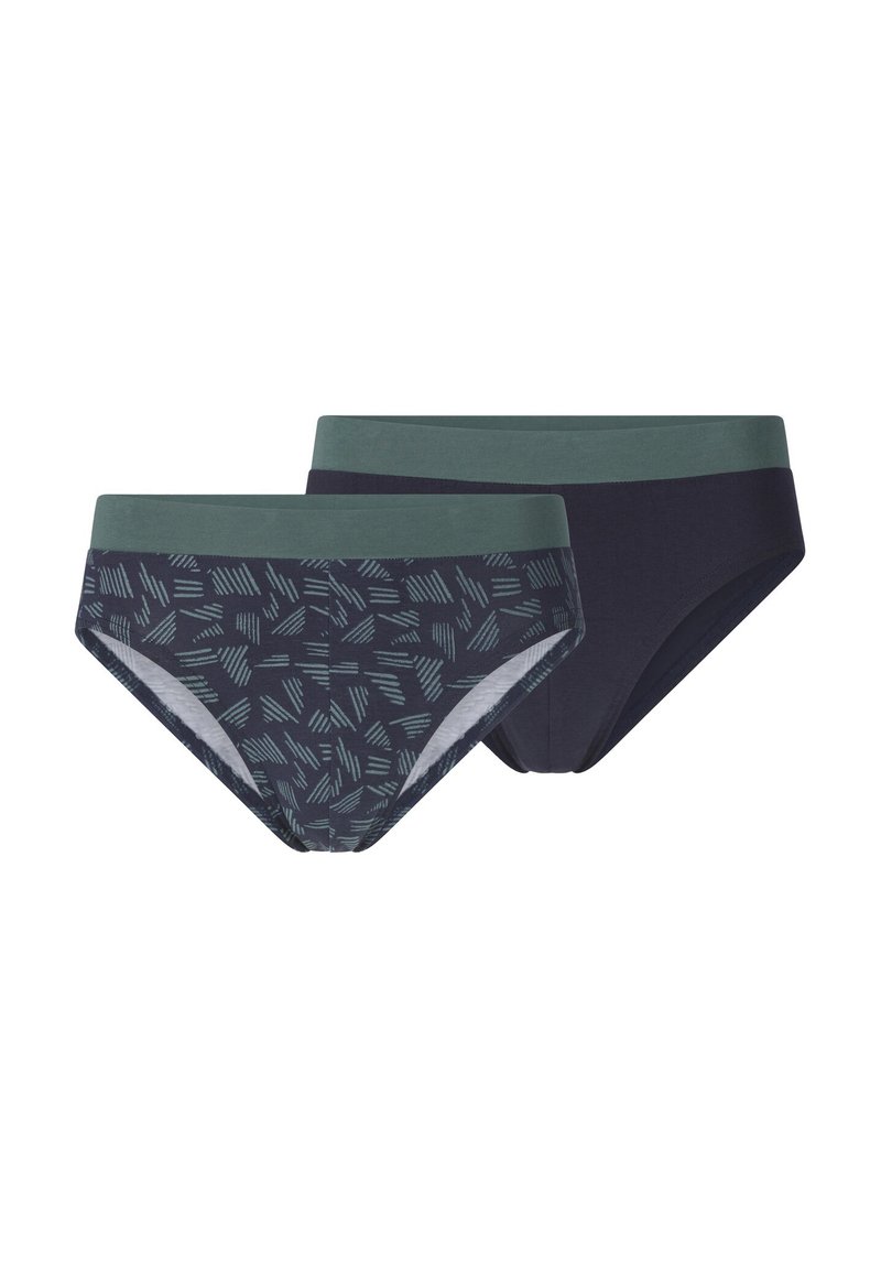 Paket mit zwei Paar Damenunterhosen. Ein Paar hat einen dunklen Grund mit einem geometrischen Muster; das andere ist einfarbig in dunklem Marineblau. Beide haben grüne Bündchen.