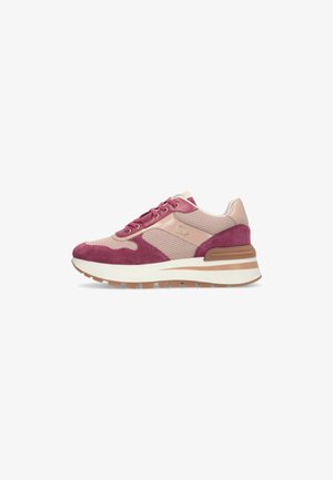 Sneakers featuring a mix of pink mesh and burgundy suede, with a thick white midsole and rubber outsole, and contrasting tan accents.