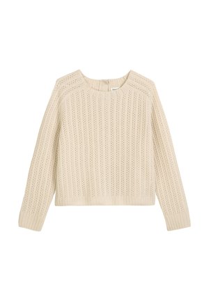 Cream, ribbed knit sweater with long sleeves, round neckline, and open pattern. Features a straight hem and soft texture.
