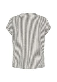 Short-sleeve beige blouse with thin vertical black stripes, round neckline, and loose fit shown from the back on a white background.