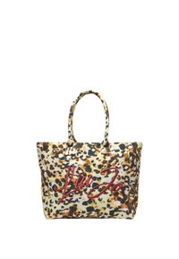 Borsa a tracolla con stampa leopardata, tessuto testurizzato, doppi manici e logo ricamato in rosso ben visibile. Presenta una forma rettangolare spaziosa.