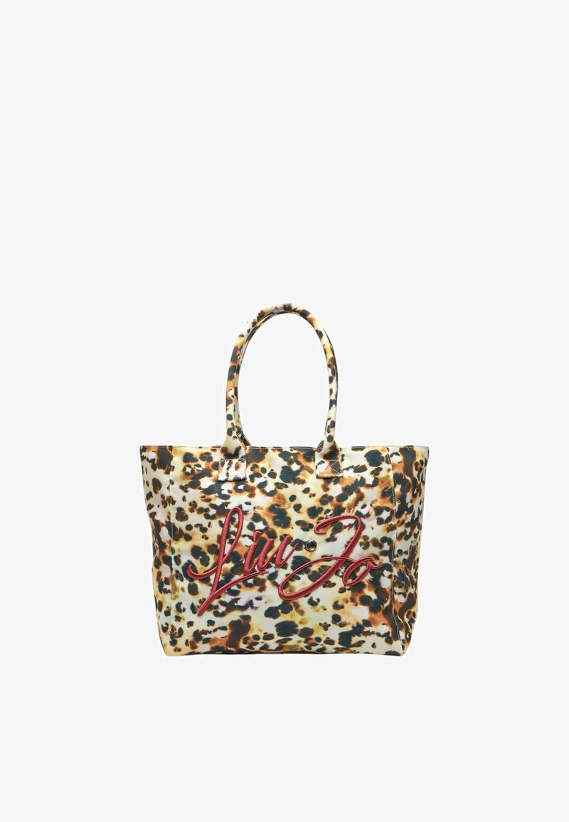 Borsa a tracolla con stampa leopardata, tessuto testurizzato, doppi manici e logo ricamato in rosso ben visibile. Presenta una forma rettangolare spaziosa.
