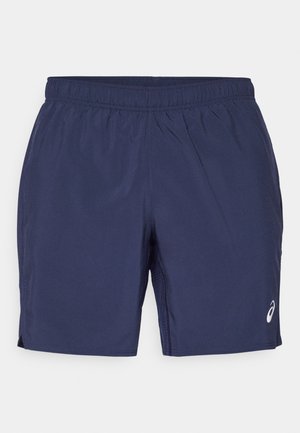 Navy blue athletic shorts with an elastic waistband, side slits for mobility, and a small white logo on the lower right side.