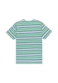 Striped t-shirt in teal, featuring horizontal stripes in navy, white, and lilac. Short sleeves and a round neckline. Soft cotton material.