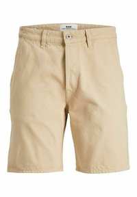 Beige knielange Baumwollshorts mit Frontknopf und Reißverschluss, Gürtelschlaufen und Seitentaschen. Das Etikett zeigt "R.D.D Royal Denim Division."