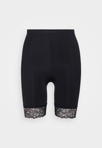 Black shapewear shorts with a smooth fabric finish. Features lace trim at the hem, adding detail and contrast to the overall design.