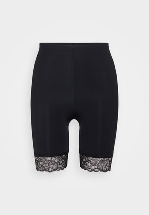 Sorte shapewear-shorts med en glat stofoverflade. Har blonderkanter i bunden, som tilføjer detaljer og kontrast til det samlede design.