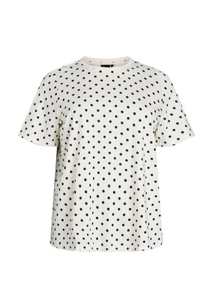 Maglietta bianca a maniche corte con pois neri, scollo rotondo, esposta su sfondo uniforme.