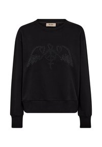 Čierna mikina z bavlneno-polyesterovej zmesi, s dekoratívnym dizajnom krídel a symbolom z kamienkov na prednej strane.