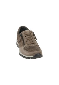Brown athletic shoe with a textured suede upper, lace-up design, side zip fastening, and cushioned sole. Features rounded toe and low profile.