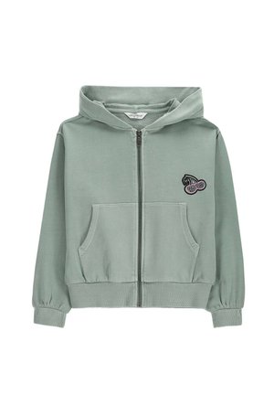 Jasnozielona bluza z kapturem na zamek, z przednimi kieszeniami, elastycznymi mankietami oraz małym nadrukiem czereśni na lewej piersi.