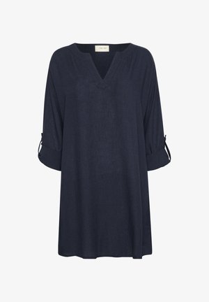 Tunică de culoare bleumarin, fabricată dintr-un material ușor. Are un decolteu în V, mâneci trei sferturi cu clape pentru rulare și un design lejer.