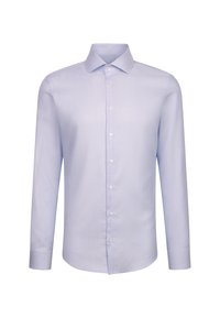  Lichtblauw gestreept overhemd met lange mouwen, knoopsluiting aan de voorkant, puntige kraag en een gladde textuur; heeft subtiele verticale lijnen.