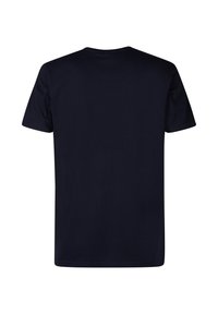 Marineblauwe katoenen t-shirt met een klassieke ronde hals en korte mouwen. Gladde textuur, geen patronen of accenten, volledige achterkant getoond.