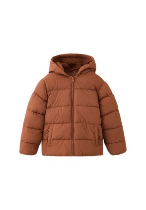 Chaqueta acolchada marrón con capucha, cremallera frontal y dos bolsillos laterales, diseñada para clima frío.