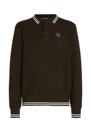 Maglione polo manica lunga in maglia testurizzata verde scuro con tre bottoni, colletto e polsini a righe bianche e piccolo logo sul petto sinistro.