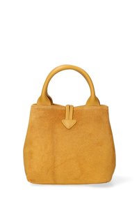 Borsa in suede giallo con due manici rotondi e un accento centrale in pelle. Presenta un design minimalista e una superficie morbida e testurizzata.