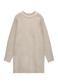 Pull en tricot beige clair avec un col rond, des manches raglan longues et des poignets et un ourlet côtelés. Texture douce, coupe décontractée, design longueur genoux.