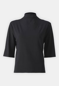 Top nero a maniche corte con collo alto, realizzato in tessuto liscio, caratterizzato da una vestibilità slim e un piccolo logo ricamato in alto a sinistra.