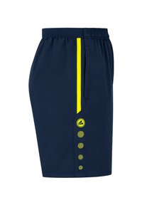 Marineblaue Sportshorts mit einem neongelben Seitenstreifen, elastischem Bund und kreisförmigen Details an der Seite für ein zusätzliches Design.