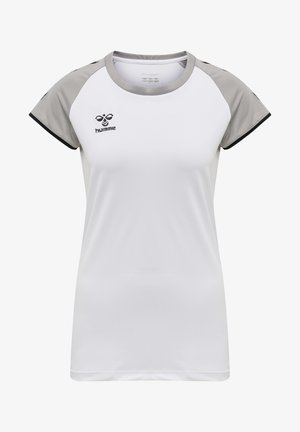 Witte sportieve T-shirt met grijze raglanmouwen, zwarte afwerking en een klein zwart logo op de borst. Glad materiaal, ronde halsontwerp.